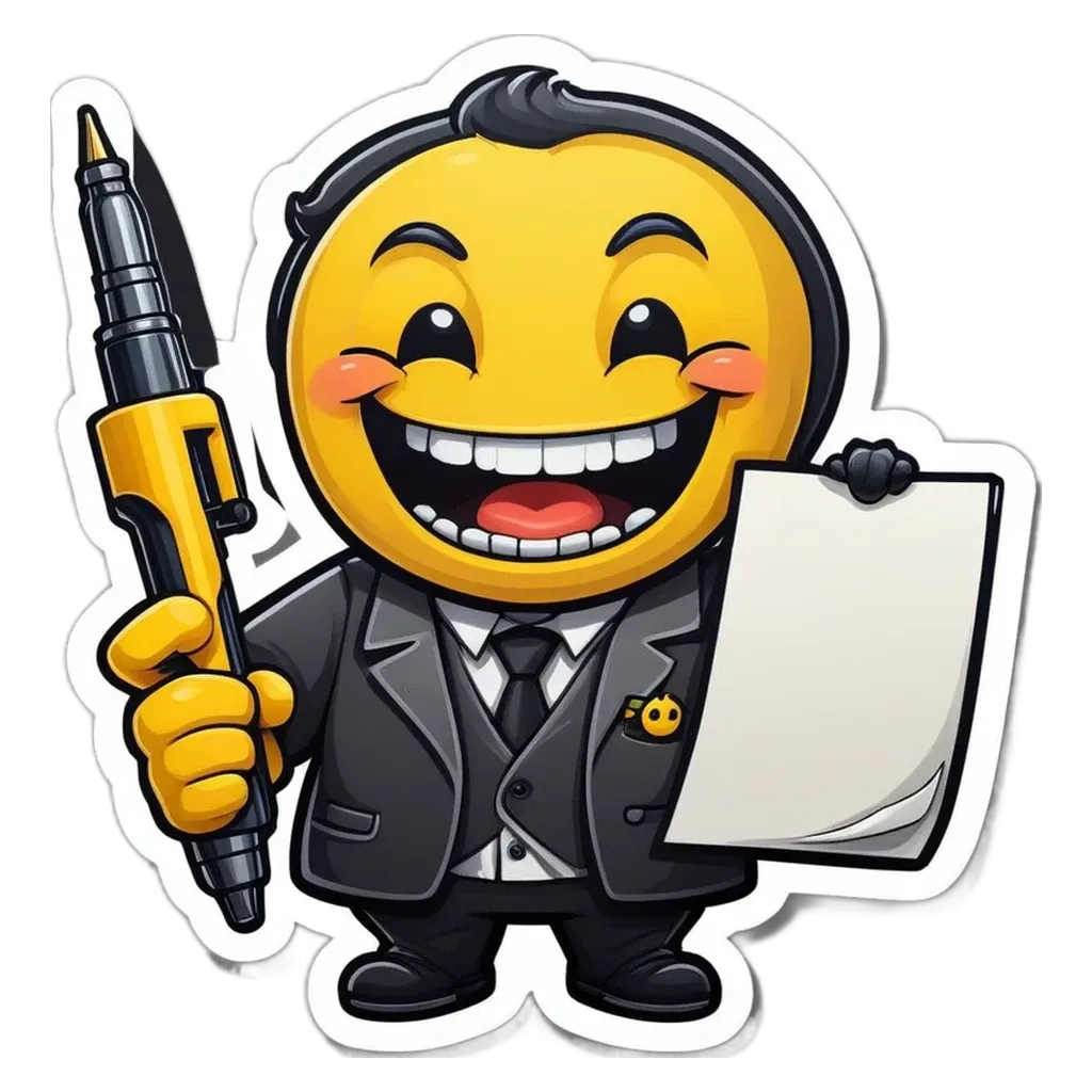 A happy face sticker is holding a piece of paper.