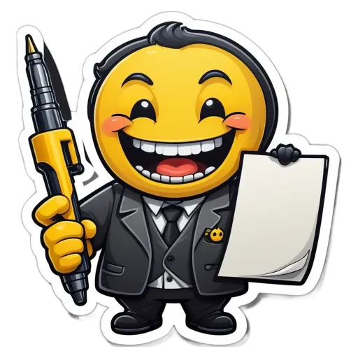 A happy face sticker is holding a piece of paper.