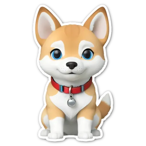 A cartoon dog that is red and white with a collar and a bell.