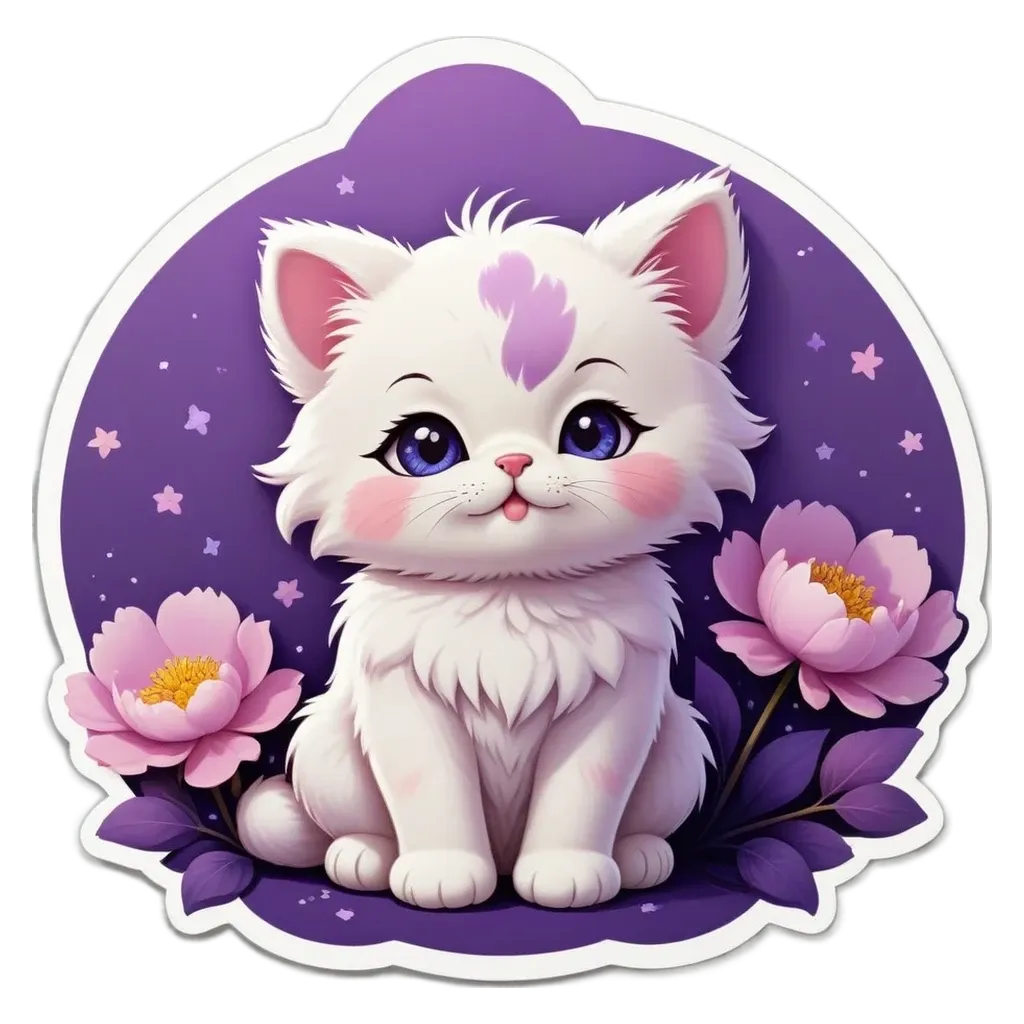 A cartoon cat sitting on a flower with its eyes wide open.