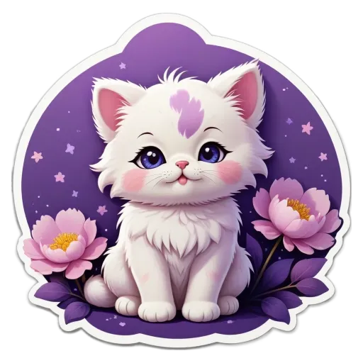 A cartoon cat sitting on a flower with its eyes wide open.
