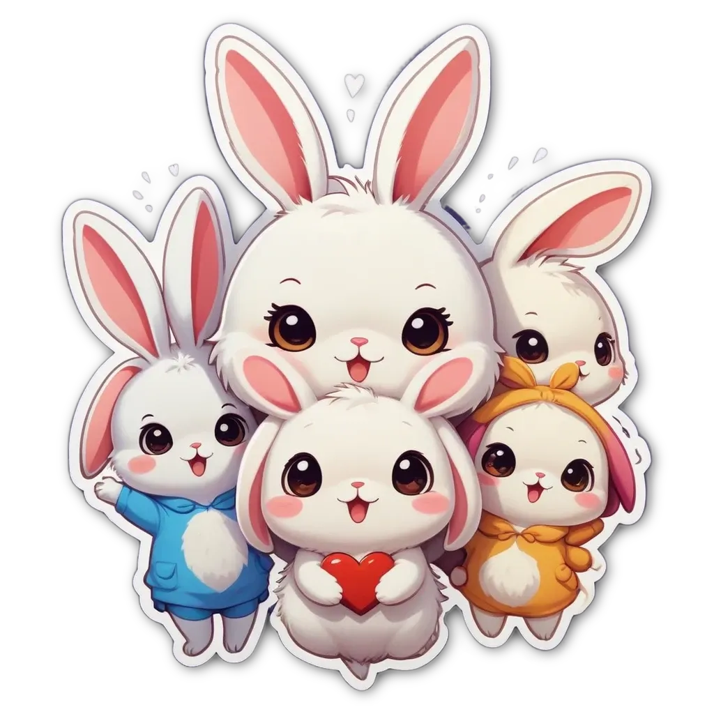 A bunny with a red heart is holding a heart in its mouth over a group of other bunnies.