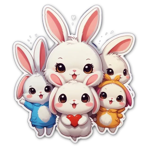 A bunny with a red heart is holding a heart in its mouth over a group of other bunnies.