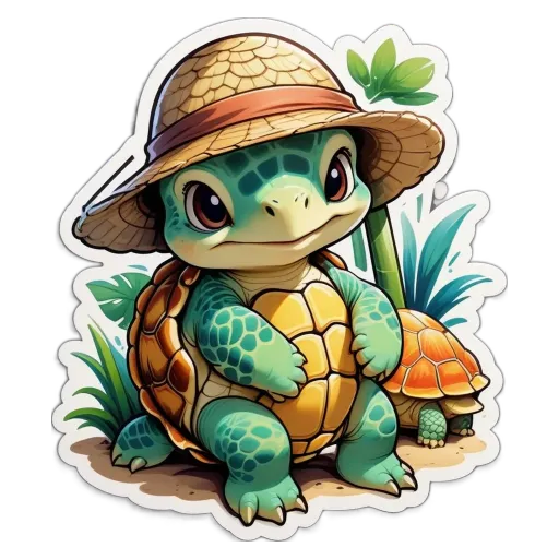 A cartoon turtle wearing a hat is sitting down.