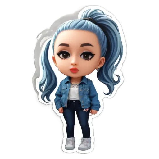 A blue haired girl wearing a denim jacket and white shirt.