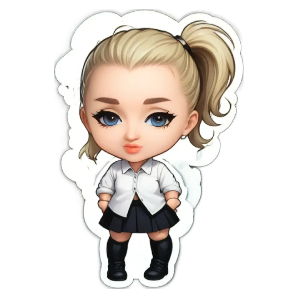 A small cartoon girl wearing a skirt and a white shirt.