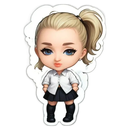 A small cartoon girl wearing a skirt and a white shirt.