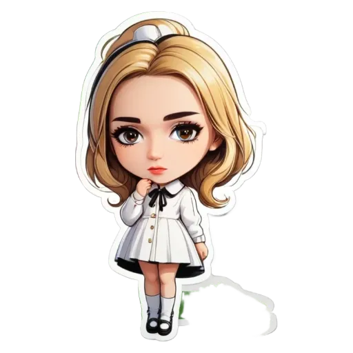 A cartoon girl is standing with her hands in her pockets.