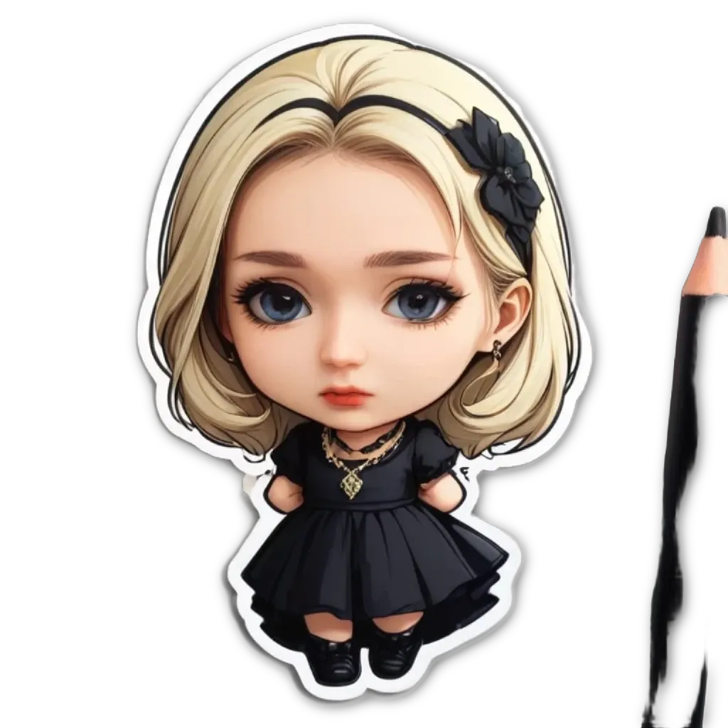 A small girl with a black dress and a flower in her hair.