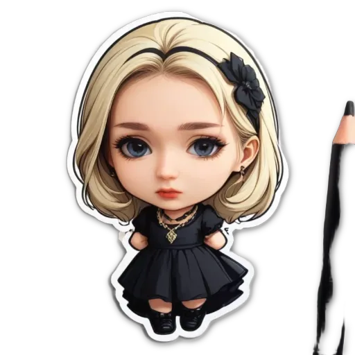 A small girl with a black dress and a flower in her hair.