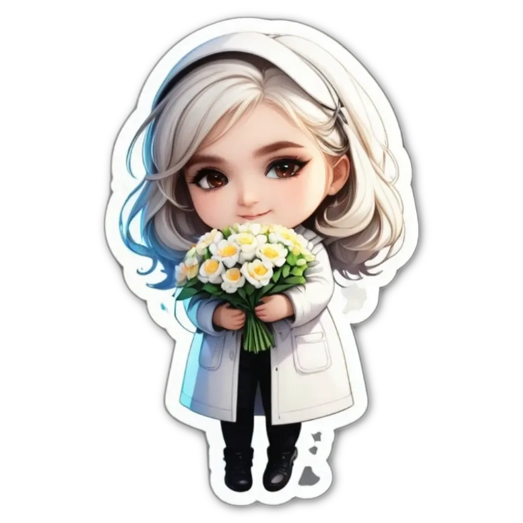 A white and grey character holding a bunch of flowers.