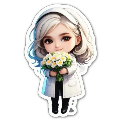 A white and grey character holding a bunch of flowers.