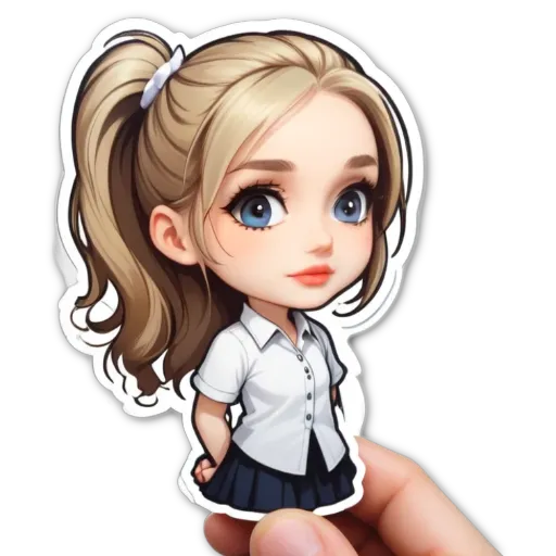 A small girl with a ponytail sticker is wearing a white shirt and blue skirt.