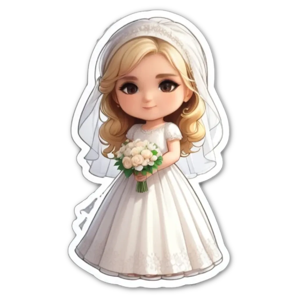 A cartoon bride holding a bouquet of flowers.