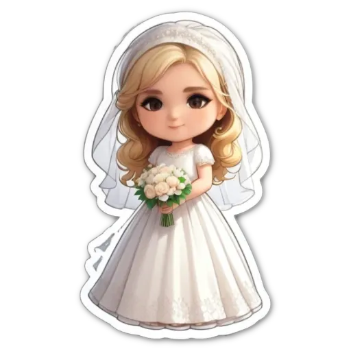 A cartoon bride holding a bouquet of flowers.
