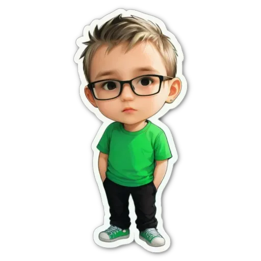 A green child with glasses standing against a black background.