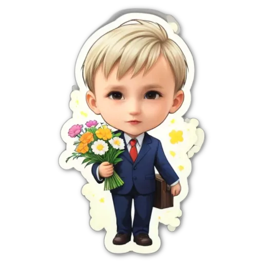 A boy in a blue suit holding flowers and a briefcase.