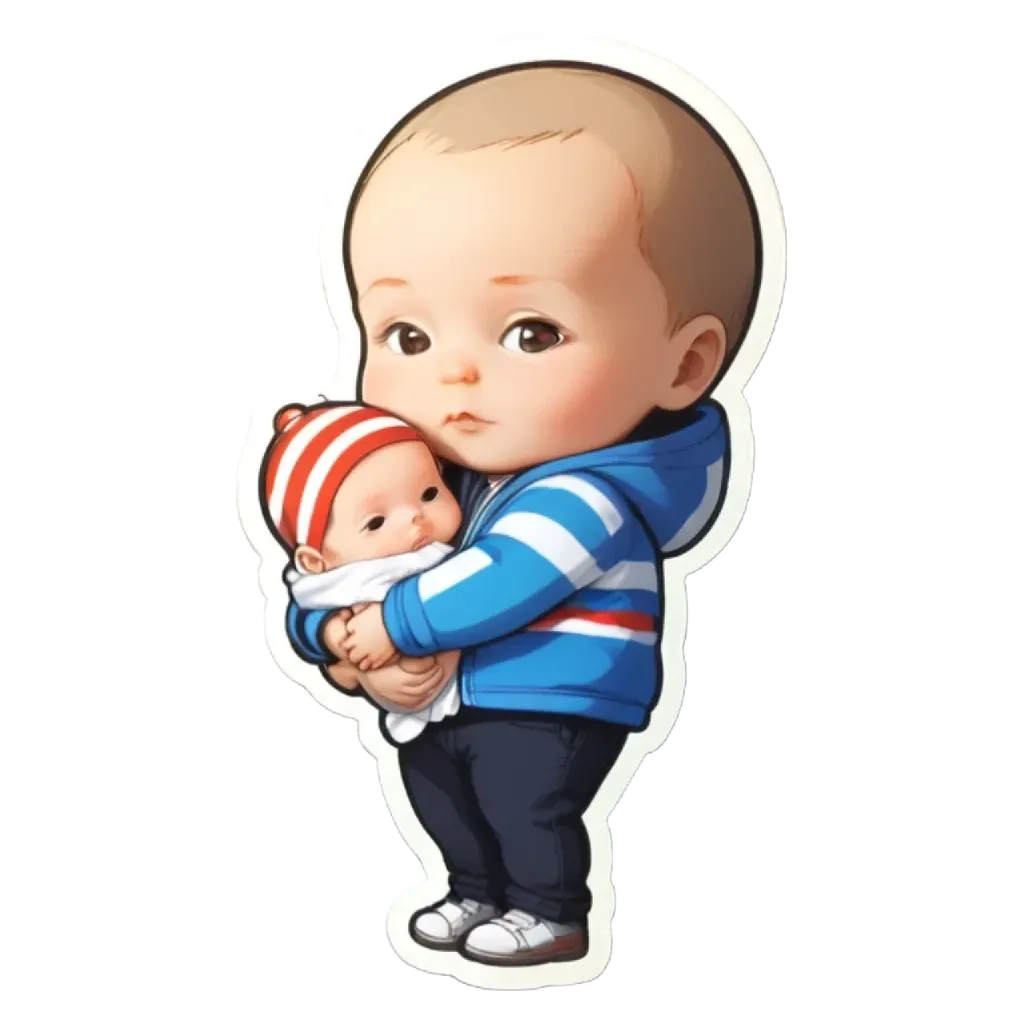 A boy is holding a baby doll in a blue and white jacket.