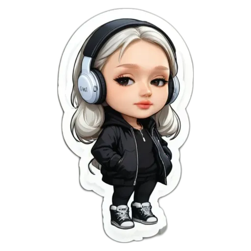 A girl with headphones on her head and a black jacket.