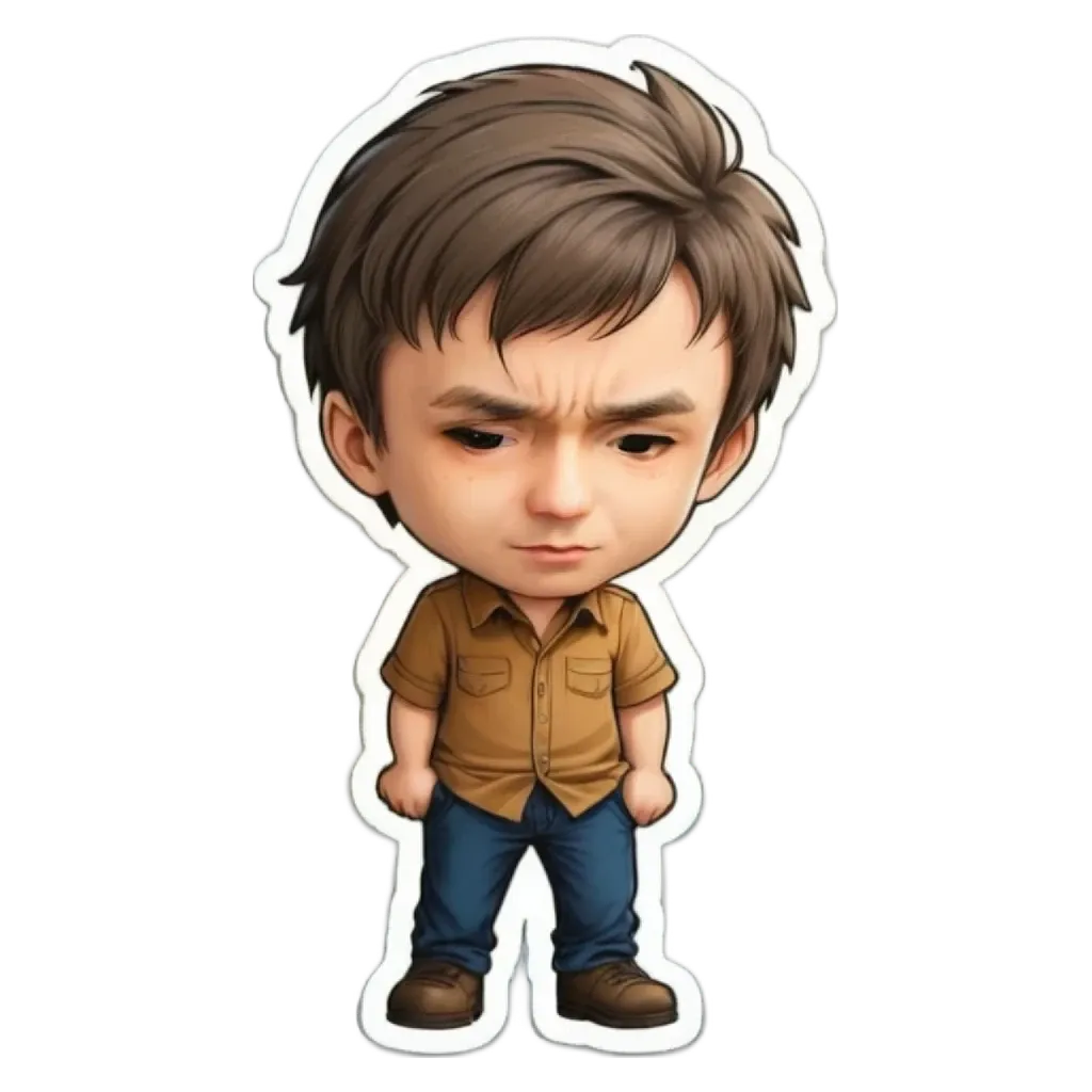 A boy wearing a brown shirt and blue jeans.