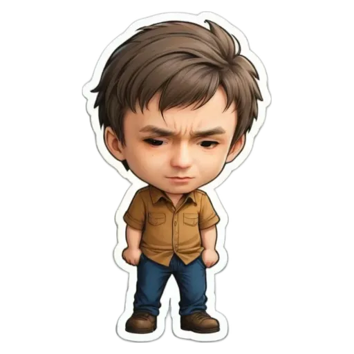 A boy wearing a brown shirt and blue jeans.