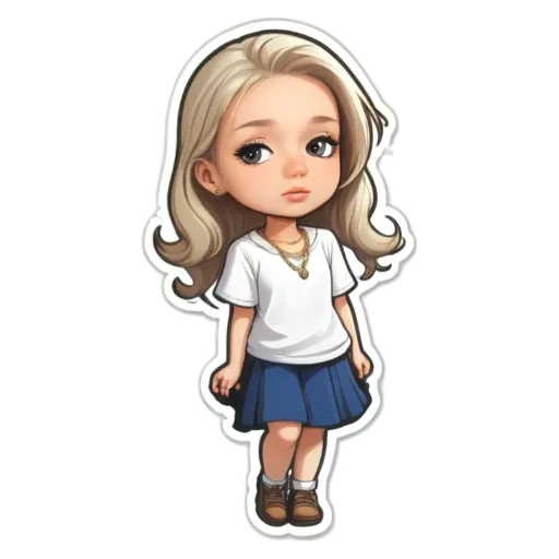 A girl with blonde hair and blue skirt who is wearing a white t-shirt.