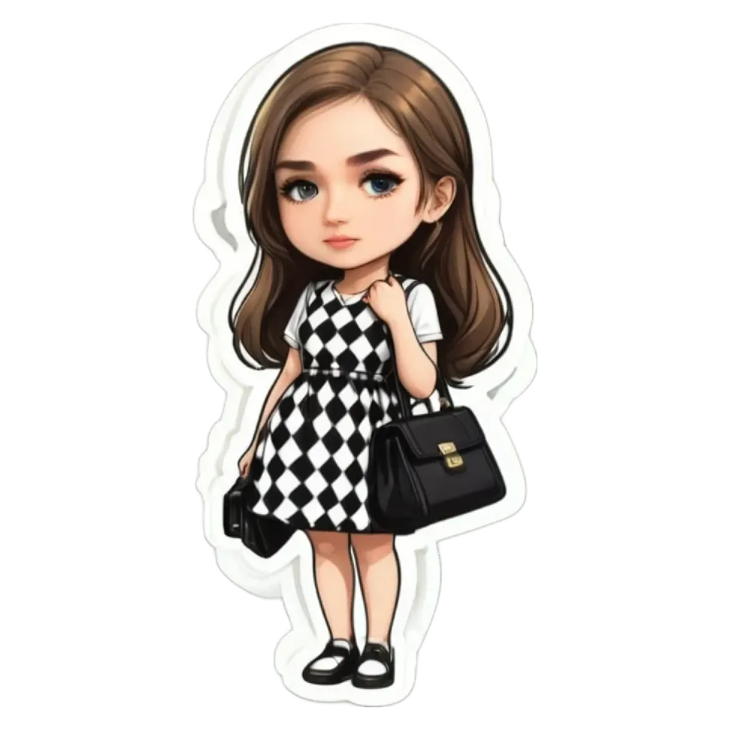 A girl with a black and white dress carrying a black and white bag.