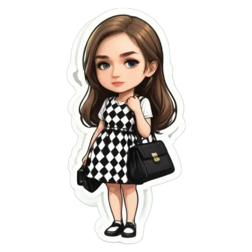 A girl with a black and white dress carrying a black and white bag.
