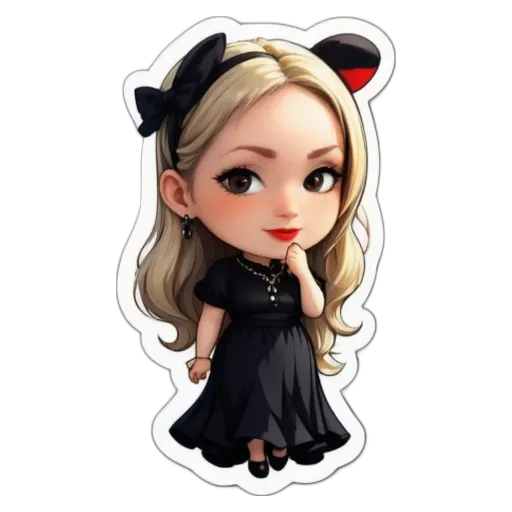 A girl with a black dress and a red and black bow on her head.