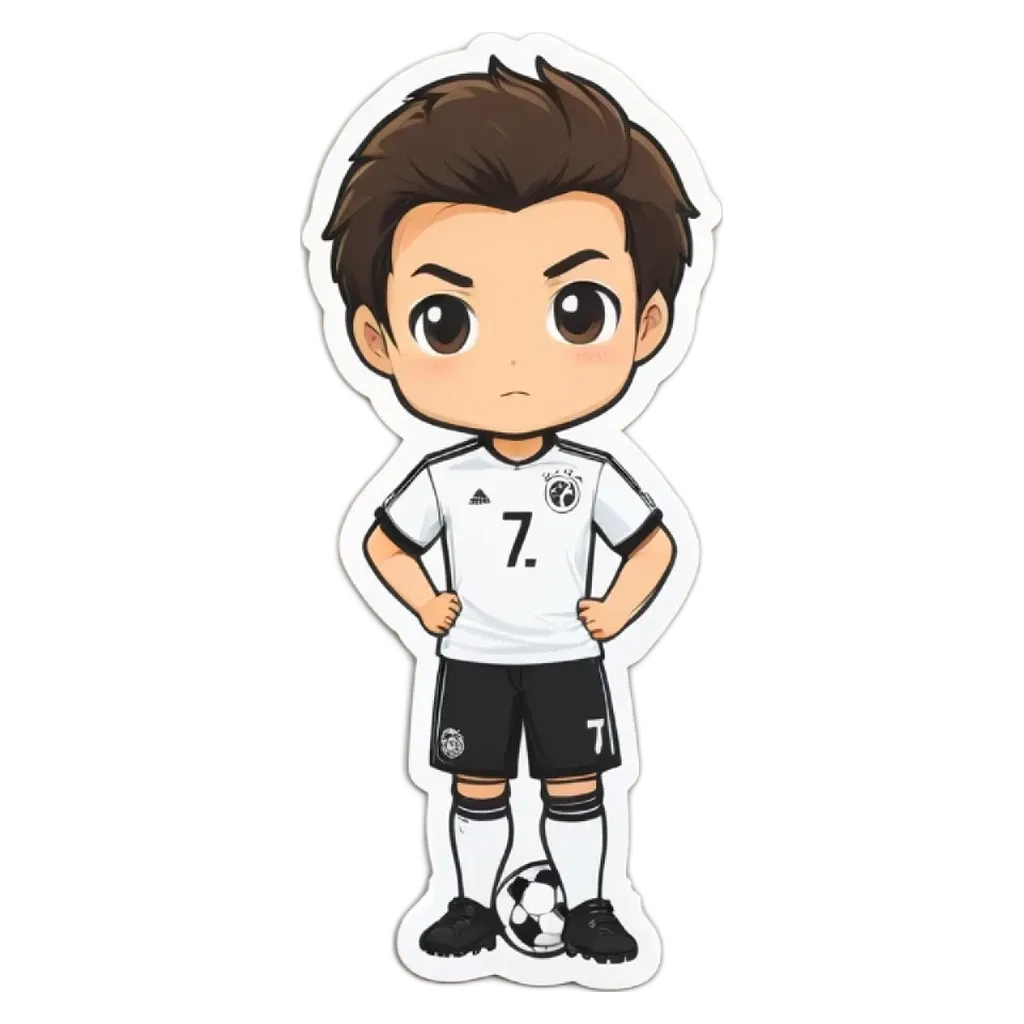 A boy who plays soccer in a white and black uniform with the number 7 on it.