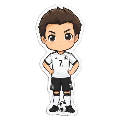 A boy who plays soccer in a white and black uniform with the number 7 on it.