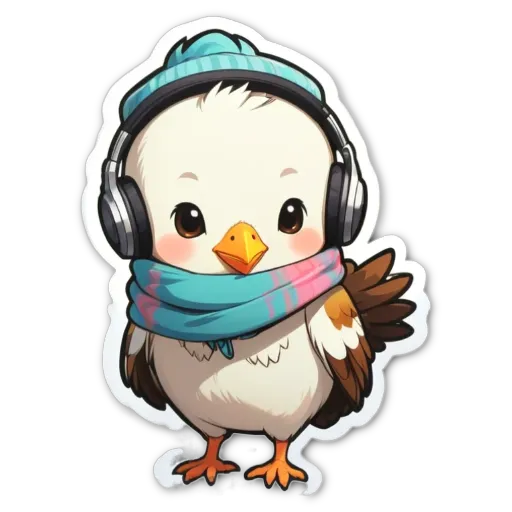 A cartoon bird wearing headphones and a blue scarf.
