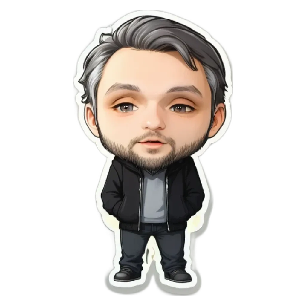 A sticker of a man with a gray beard and black jacket.