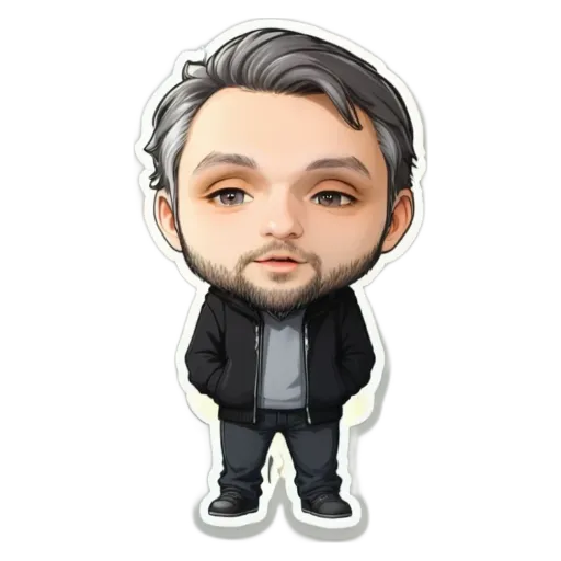 A sticker of a man with a gray beard and black jacket.