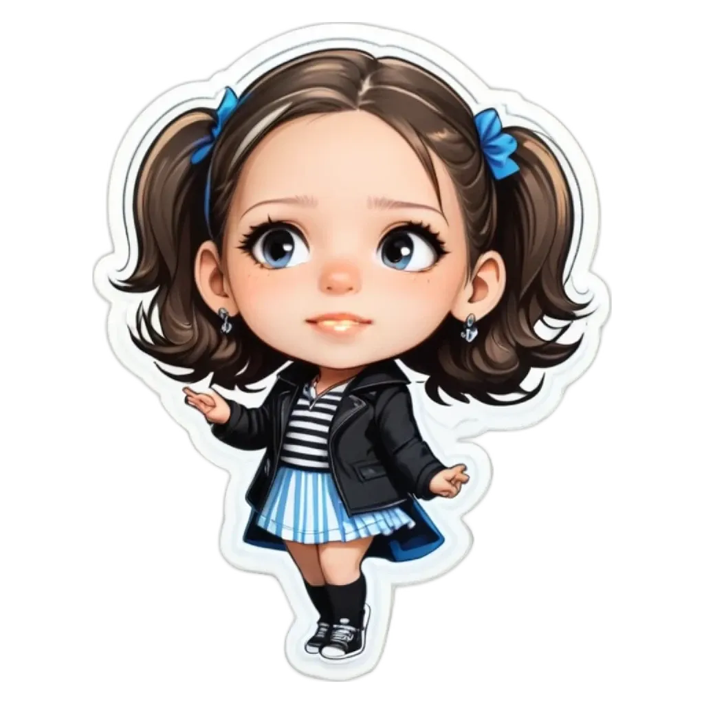 A girl with blue eyes and a blue ribbon in her hair is standing on a black and white background.