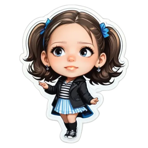 A girl with blue eyes and a blue ribbon in her hair is standing on a black and white background.