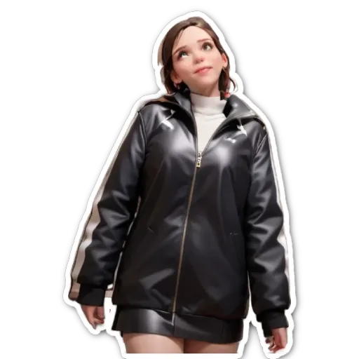 A woman wearing a black leather jacket with a white shirt underneath.