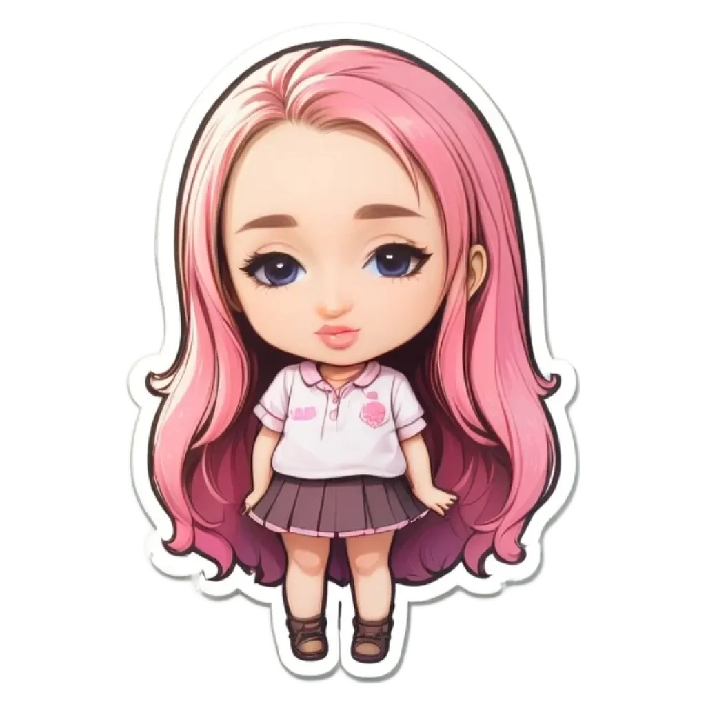 A girl with long hair and a sticker that has her on it.