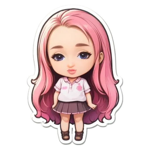 A girl with long hair and a sticker that has her on it.