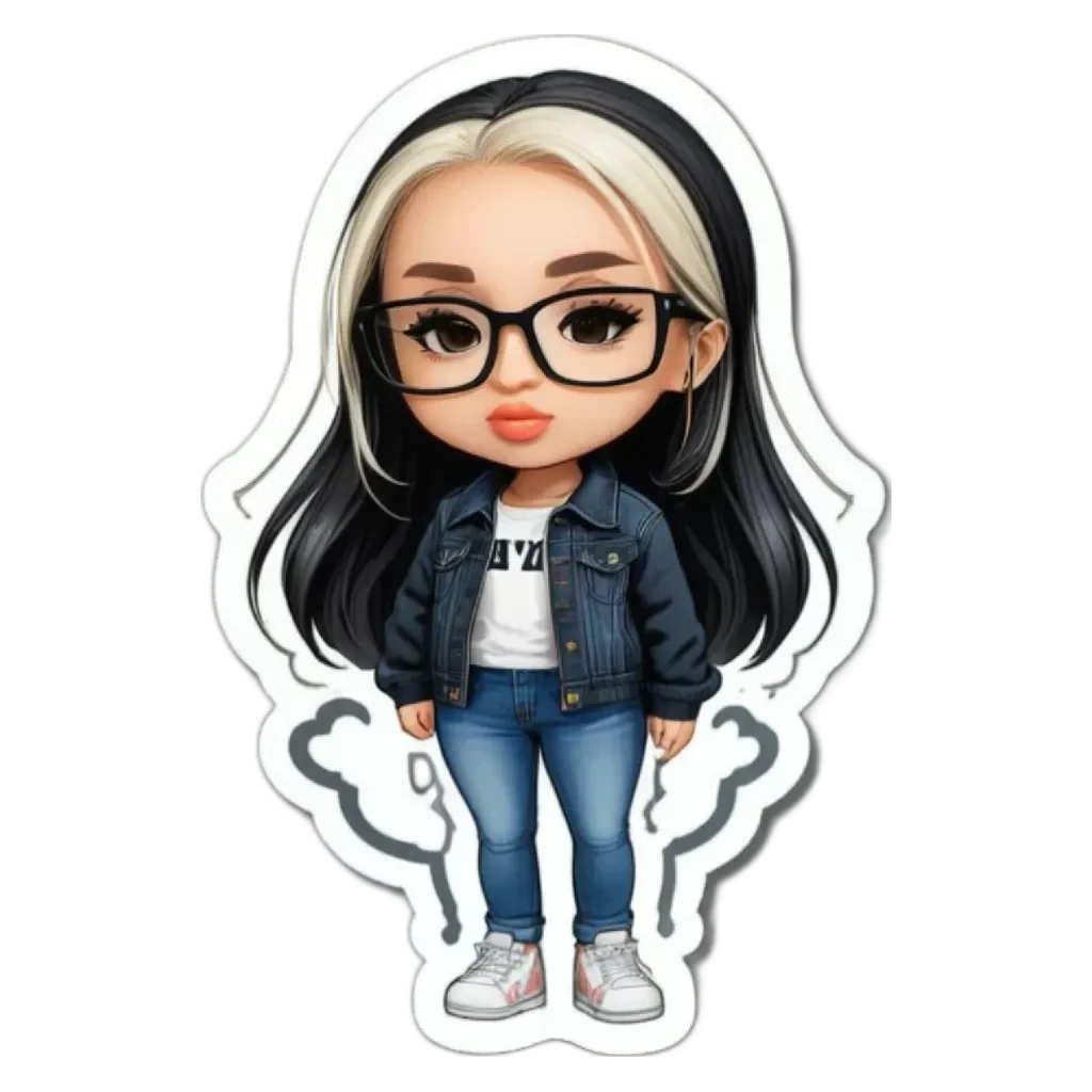A girl wearing a denim jacket and glasses is standing on a black and white background.