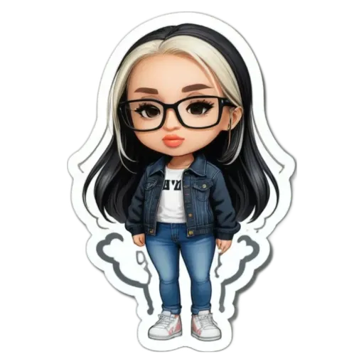 A girl wearing a denim jacket and glasses is standing on a black and white background.
