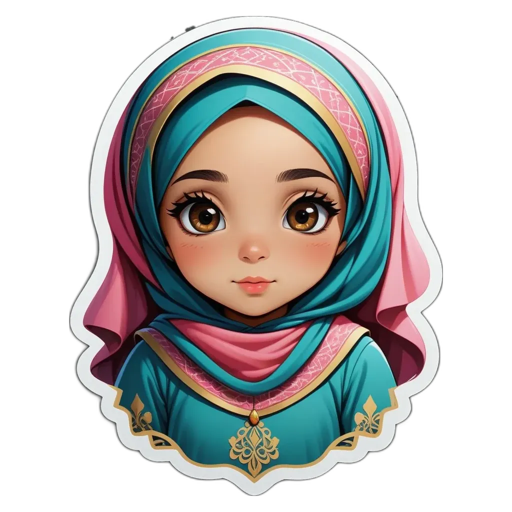 A sticker of a girl wearing a head scarf and blue clothing.