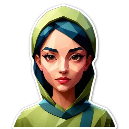 A green and blue face sticker of a woman.
