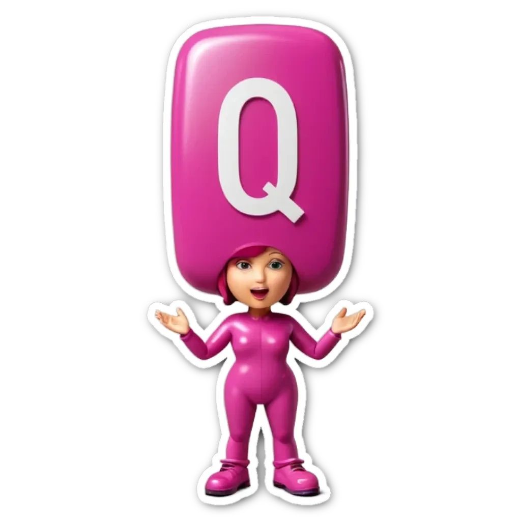 A large letter Q is on a hat and the girl is wearing a pink body suit.