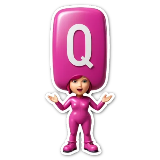 A large letter Q is on a hat and the girl is wearing a pink body suit.