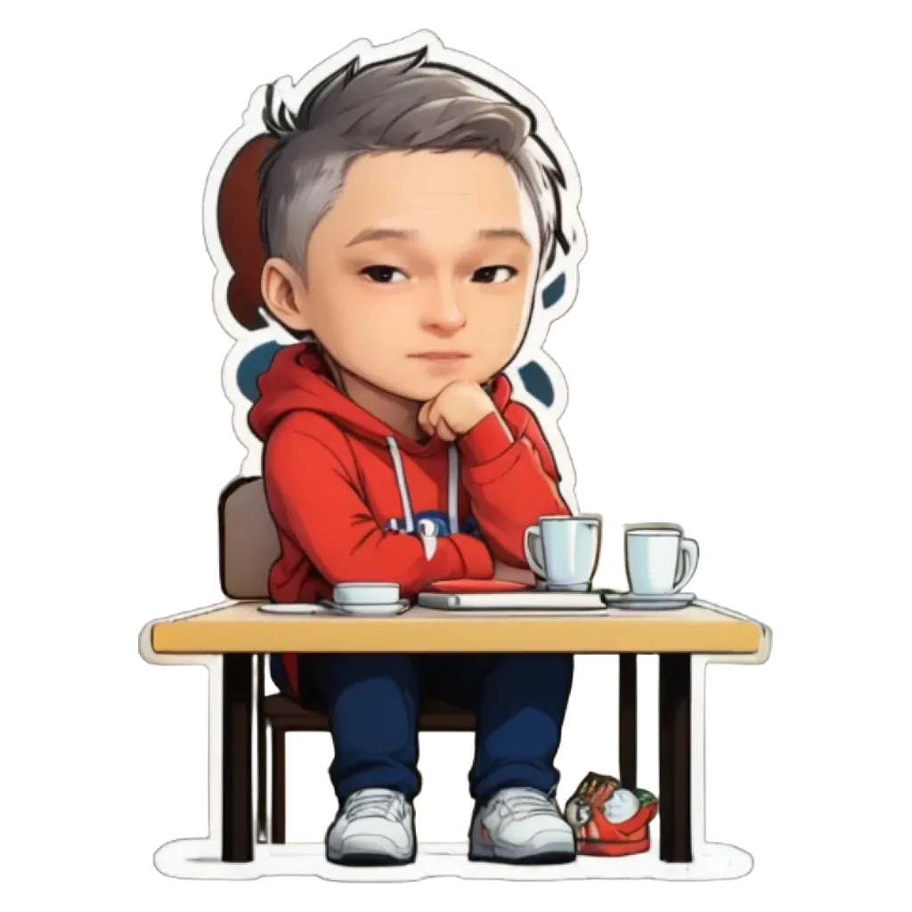 A boy sitting at a table with a mug in front of him.
