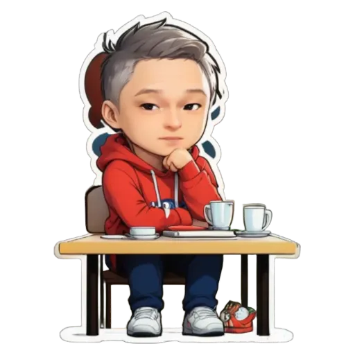 A boy sitting at a table with a mug in front of him.