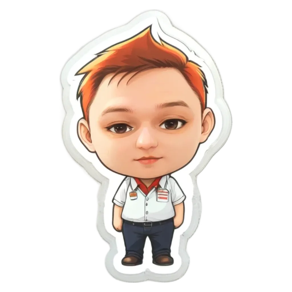 A boy wearing a white shirt with red and blue buttons.