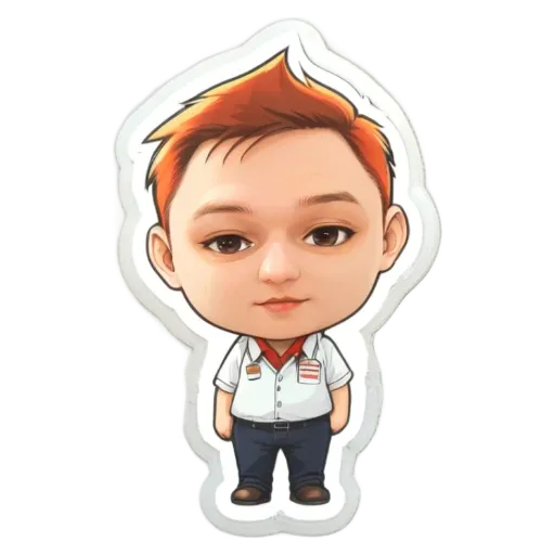 A boy wearing a white shirt with red and blue buttons.