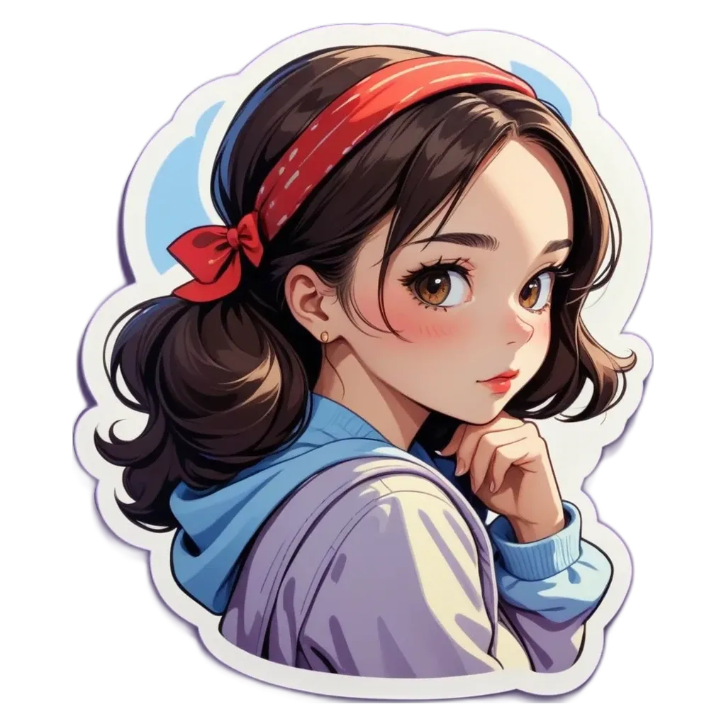 A sticker of a girl with her hand on her face.